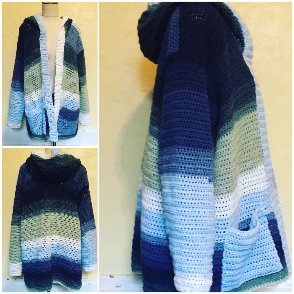 Handmade crocheted hooded cardigan, with pockets.